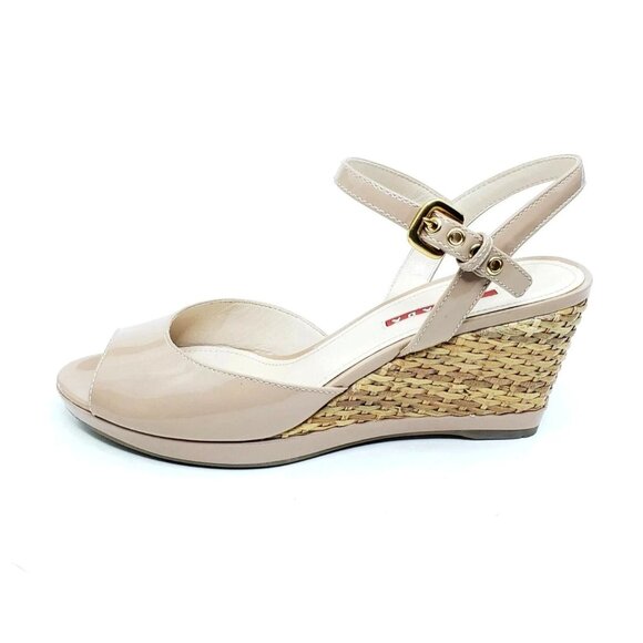 Prada Sport Nude Patent Ankle Strap Woven Raffia Wedge Heel Sandals Womens US 10
